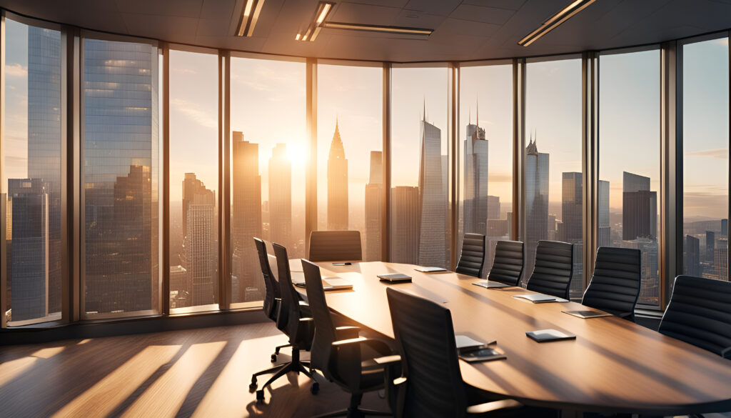 Business Büro Konferenzraum mit Tisch und Stühlen Blick aus einem hohen Gebäude auf die Silhouette einer großstadt mit Bürotürmen und Wolkenkratzern
